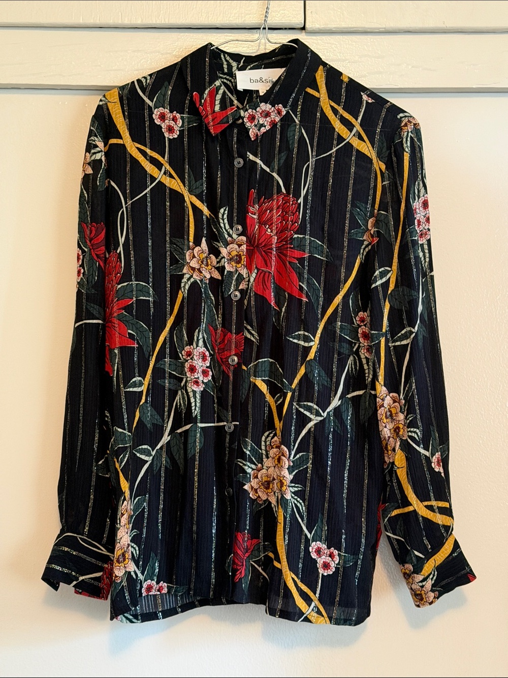 ba&sh Black Floral Stripe Button-Down Shirt with Red & Yellow Accents